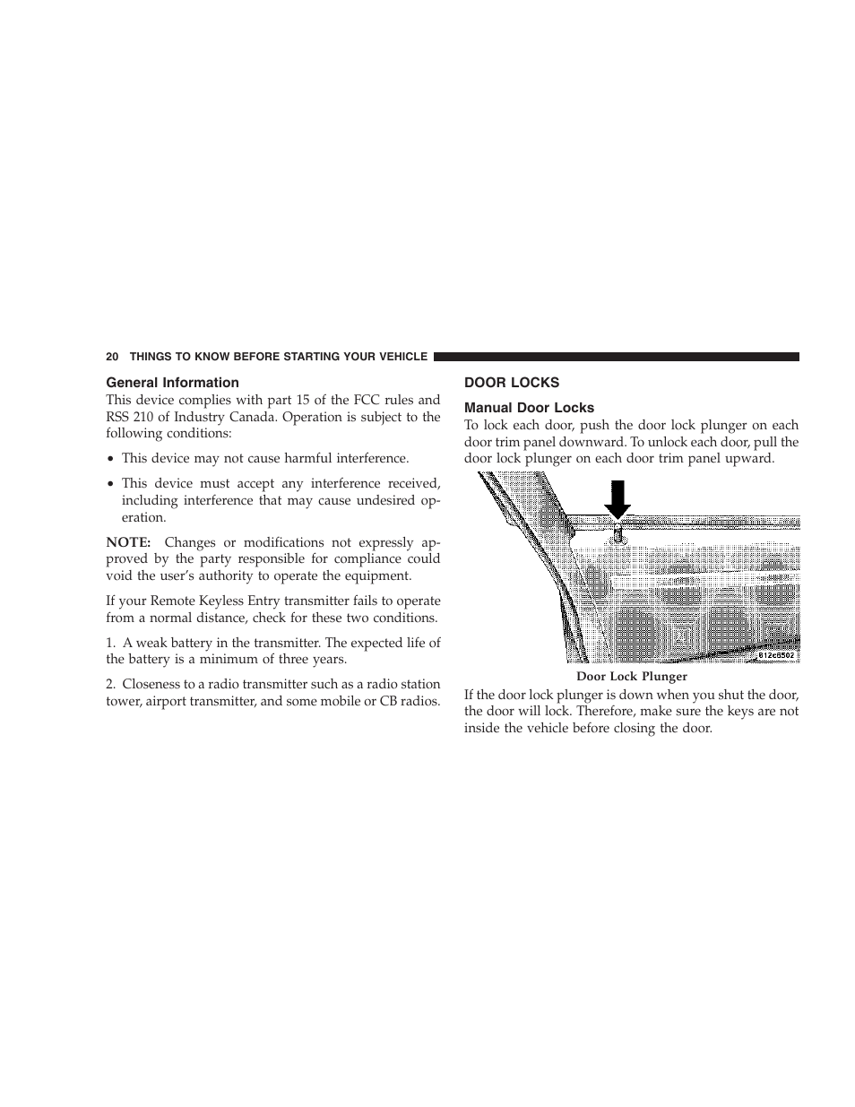 General information, Door locks, Manual door locks | Dodge 2007 Charger SRT8 User Manual | Page 20 / 352