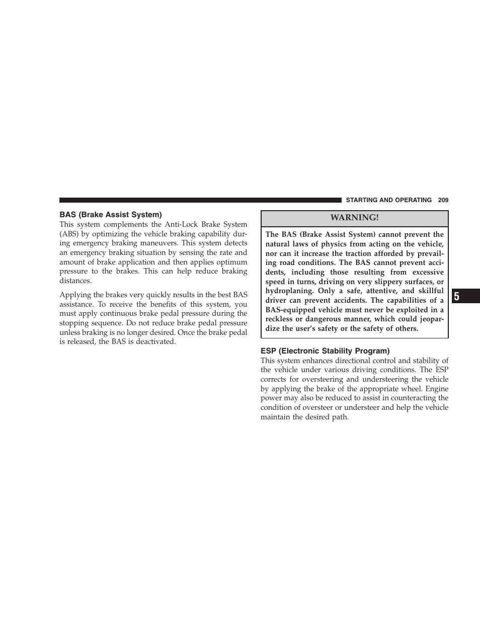 Bas (brake assist system), Esp (electronic stability program) | Dodge 2007 Charger SRT8 User Manual | Page 209 / 352