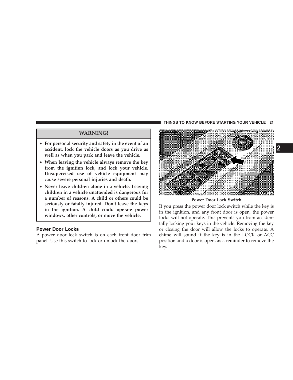 Power door locks | Dodge 2007 Charger SRT8 User Manual | Page 21 / 352