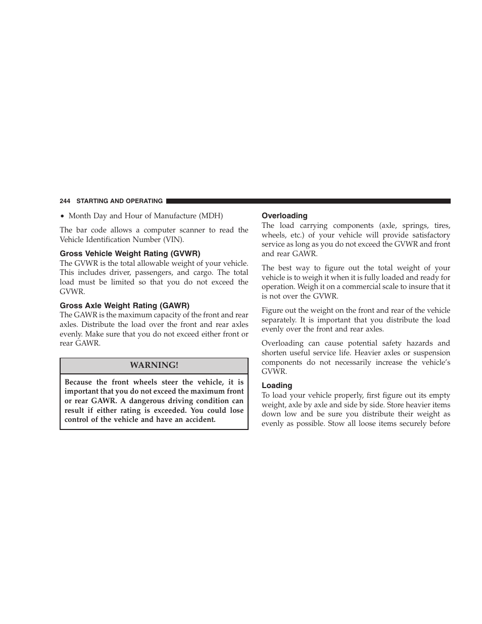Gross vehicle weight rating (gvwr), Gross axle weight rating (gawr), Overloading | Loading | Dodge 2007 Charger SRT8 User Manual | Page 244 / 352