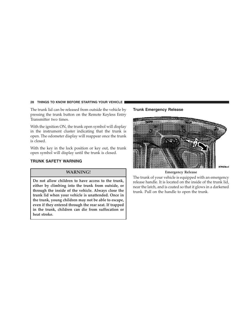 Trunk safety warning, Trunk emergency release | Dodge 2007 Charger SRT8 User Manual | Page 28 / 352