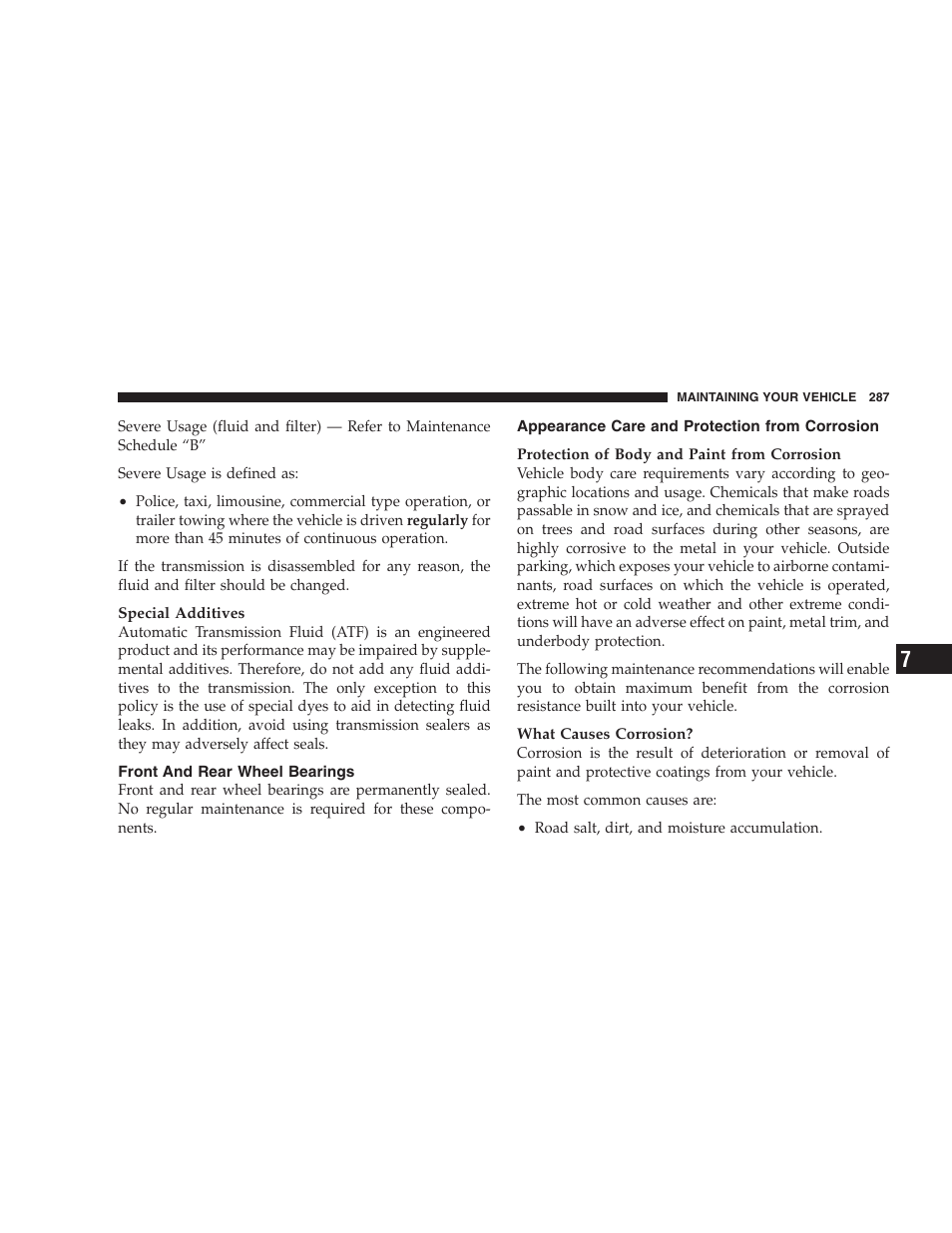 Front and rear wheel bearings, Appearance care and protection from, Corrosion | Dodge 2007 Charger SRT8 User Manual | Page 287 / 352