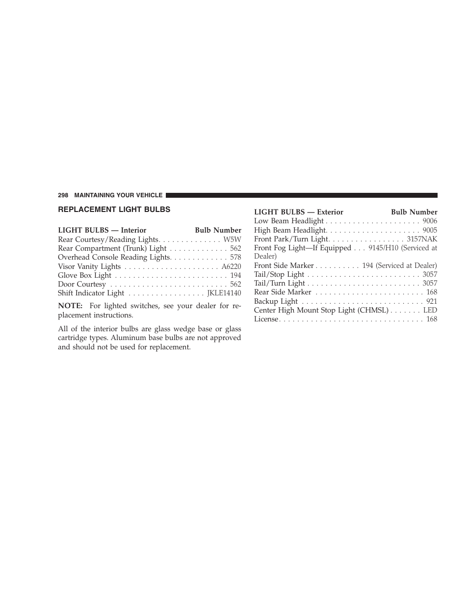 Replacement light bulbs | Dodge 2007 Charger SRT8 User Manual | Page 298 / 352
