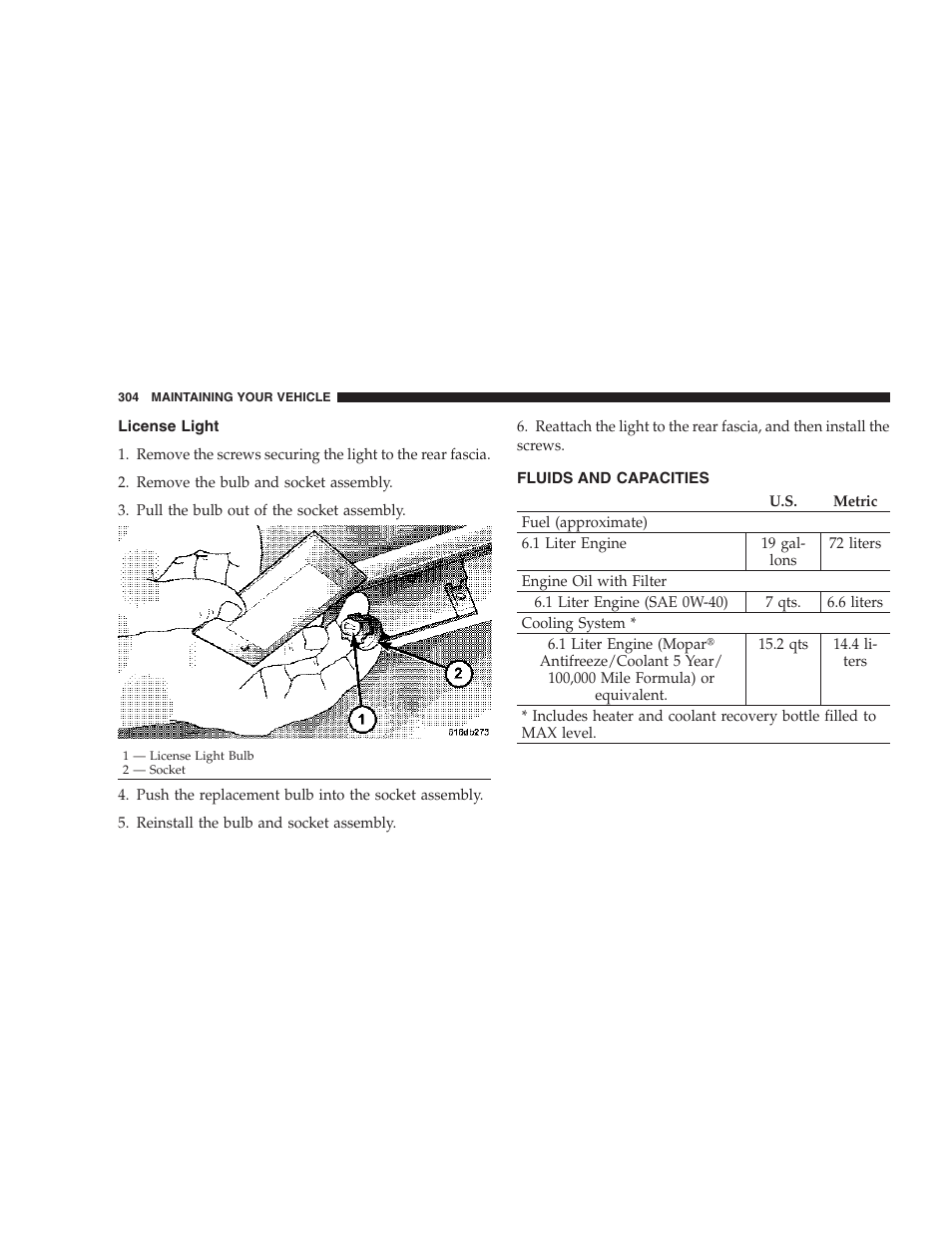 License light, Fluids and capacities | Dodge 2007 Charger SRT8 User Manual | Page 304 / 352