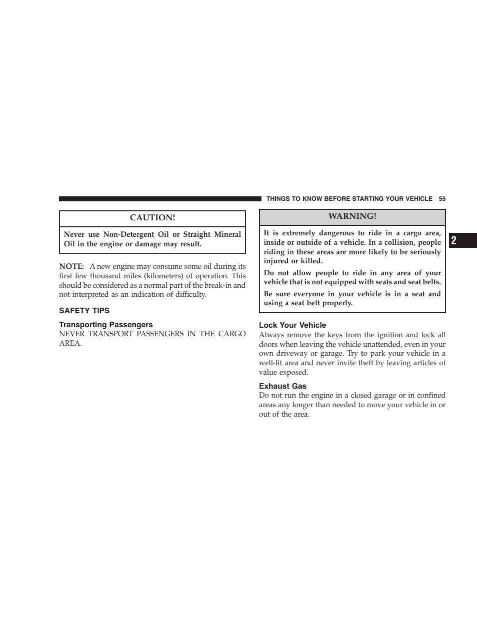 Safety tips, Transporting passengers, Lock your vehicle | Exhaust gas | Dodge 2007 Charger SRT8 User Manual | Page 55 / 352