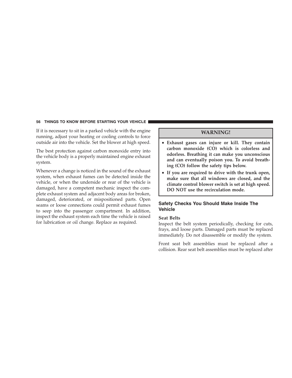 Safety checks you should make inside the, Vehicle | Dodge 2007 Charger SRT8 User Manual | Page 56 / 352