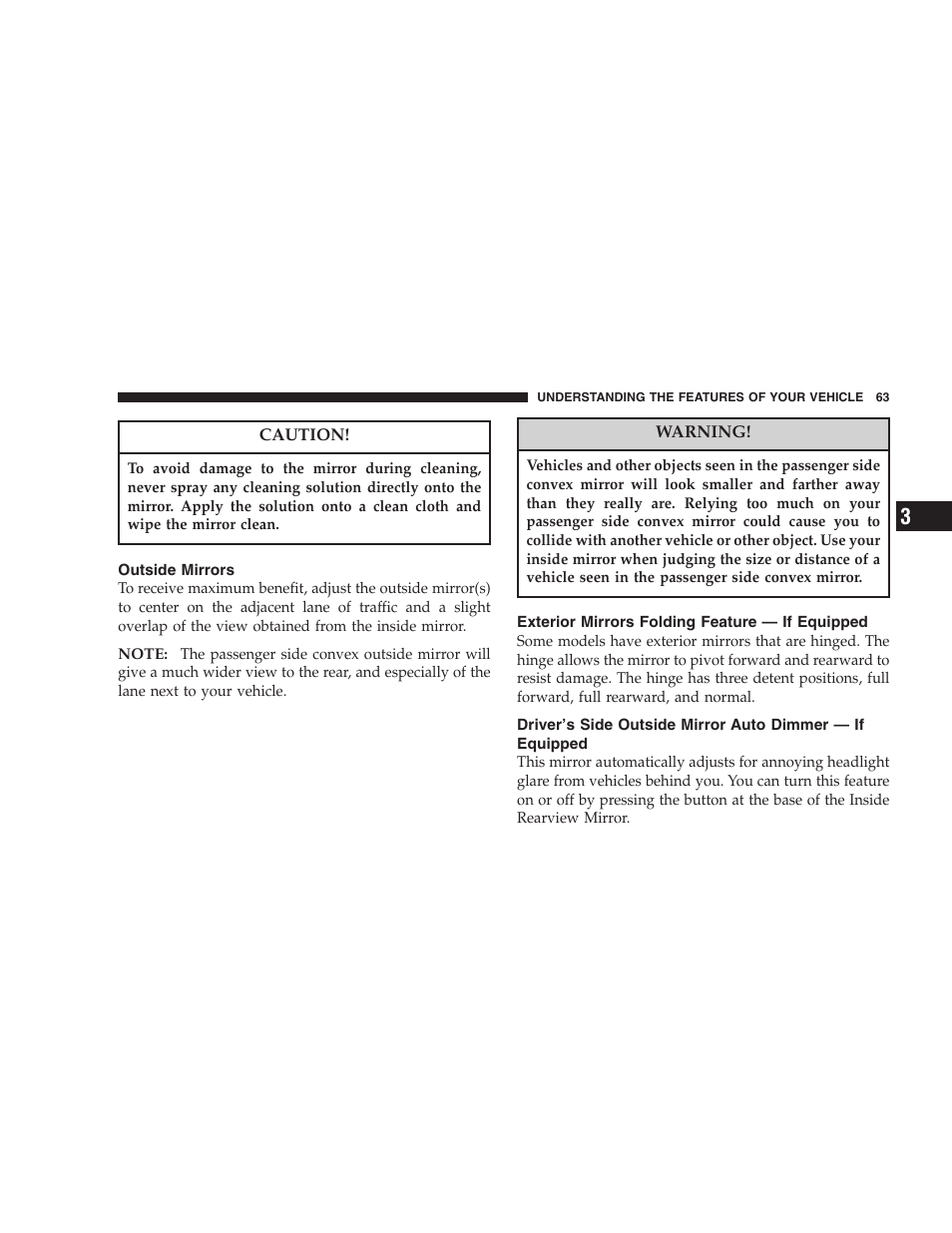 Outside mirrors, Exterior mirrors folding feature — if, Equipped | Driver’s side outside mirror auto dimmer — if | Dodge 2007 Charger SRT8 User Manual | Page 63 / 352