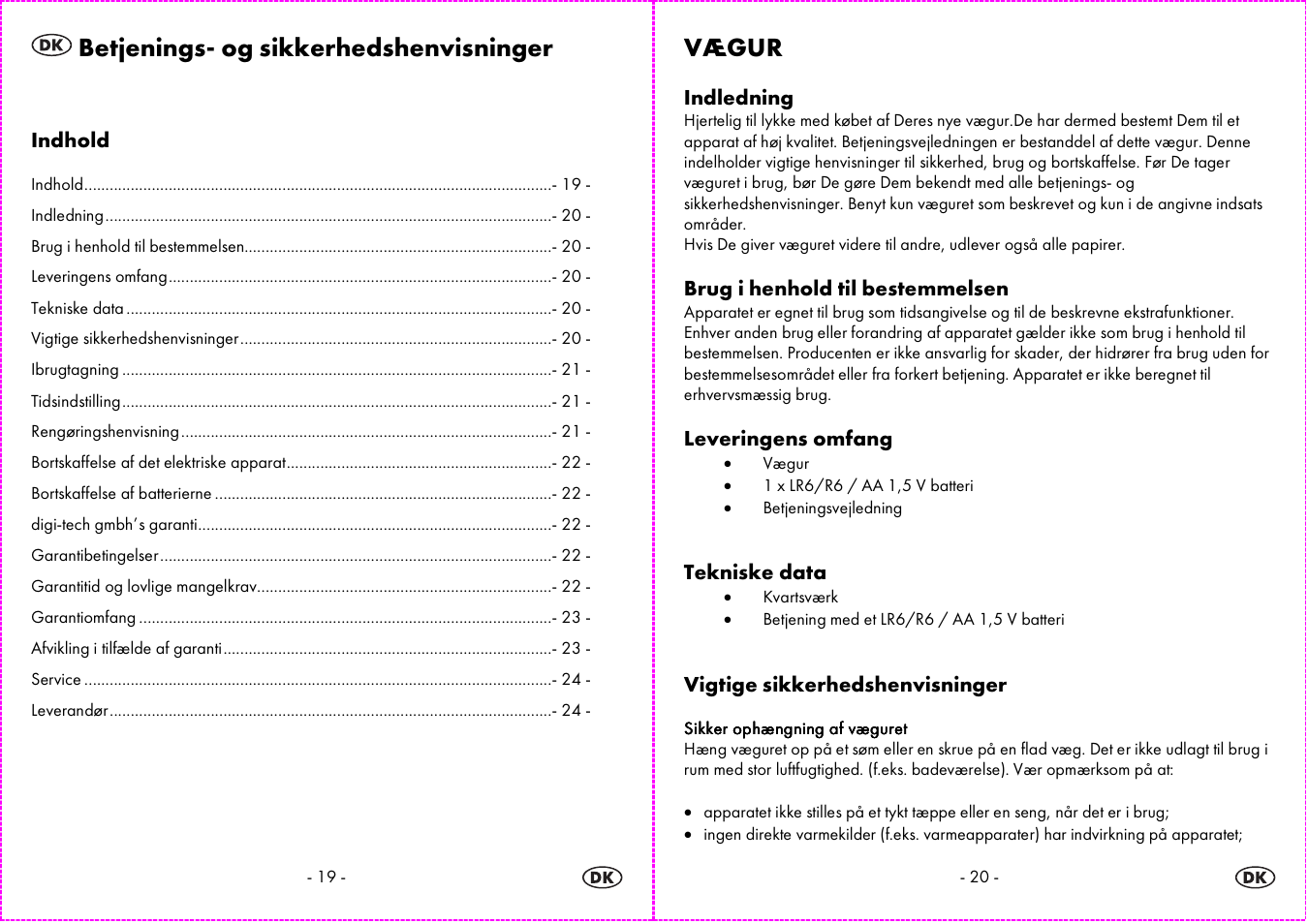 Betjenings- og sikkerhedshenvisninger, Vægur | Auriol 4-LD3584 User Manual | Page 11 / 23