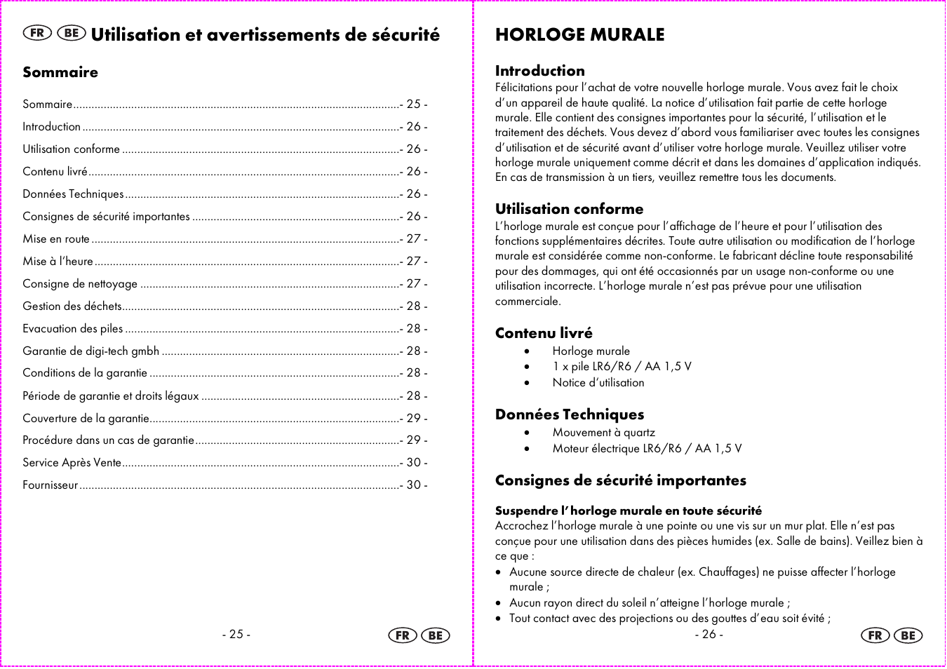 Utilisation et avertissements de sécurité, Horloge murale | Auriol 4-LD3584 User Manual | Page 14 / 23