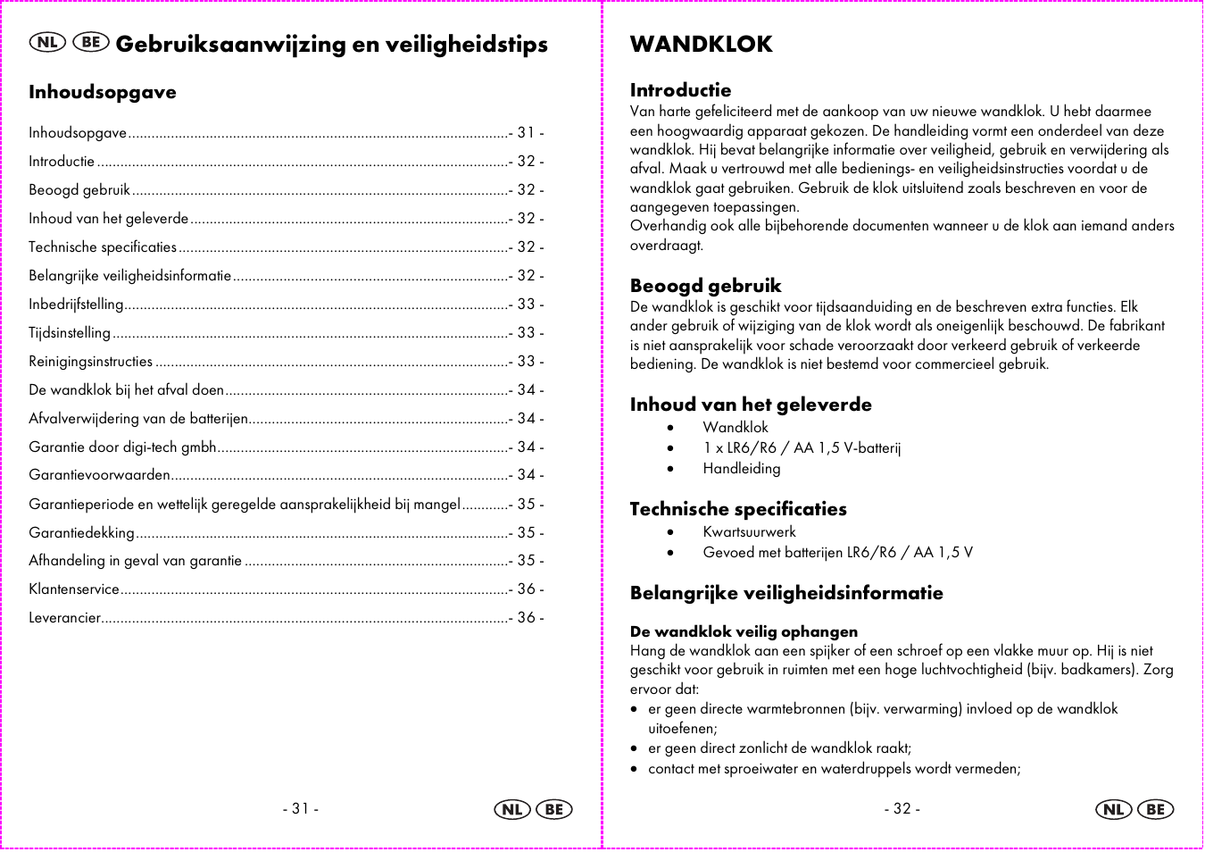 Gebruiksaanwijzing en veiligheidstips, Wandklok | Auriol 4-LD3584 User Manual | Page 17 / 23