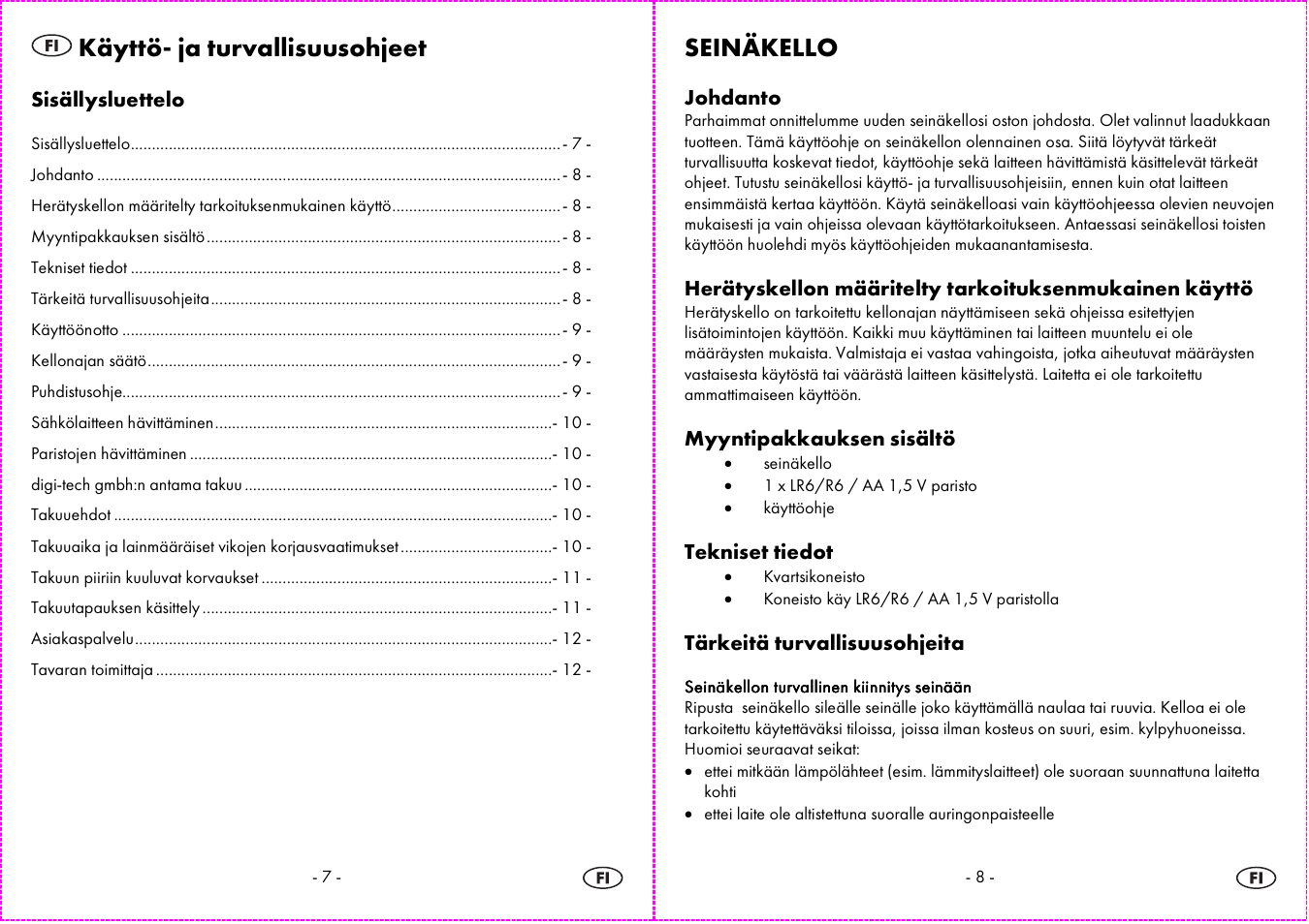 Käyttö- ja turvallisuusohjeet, Seinäkello | Auriol 4-LD3584 User Manual | Page 5 / 23