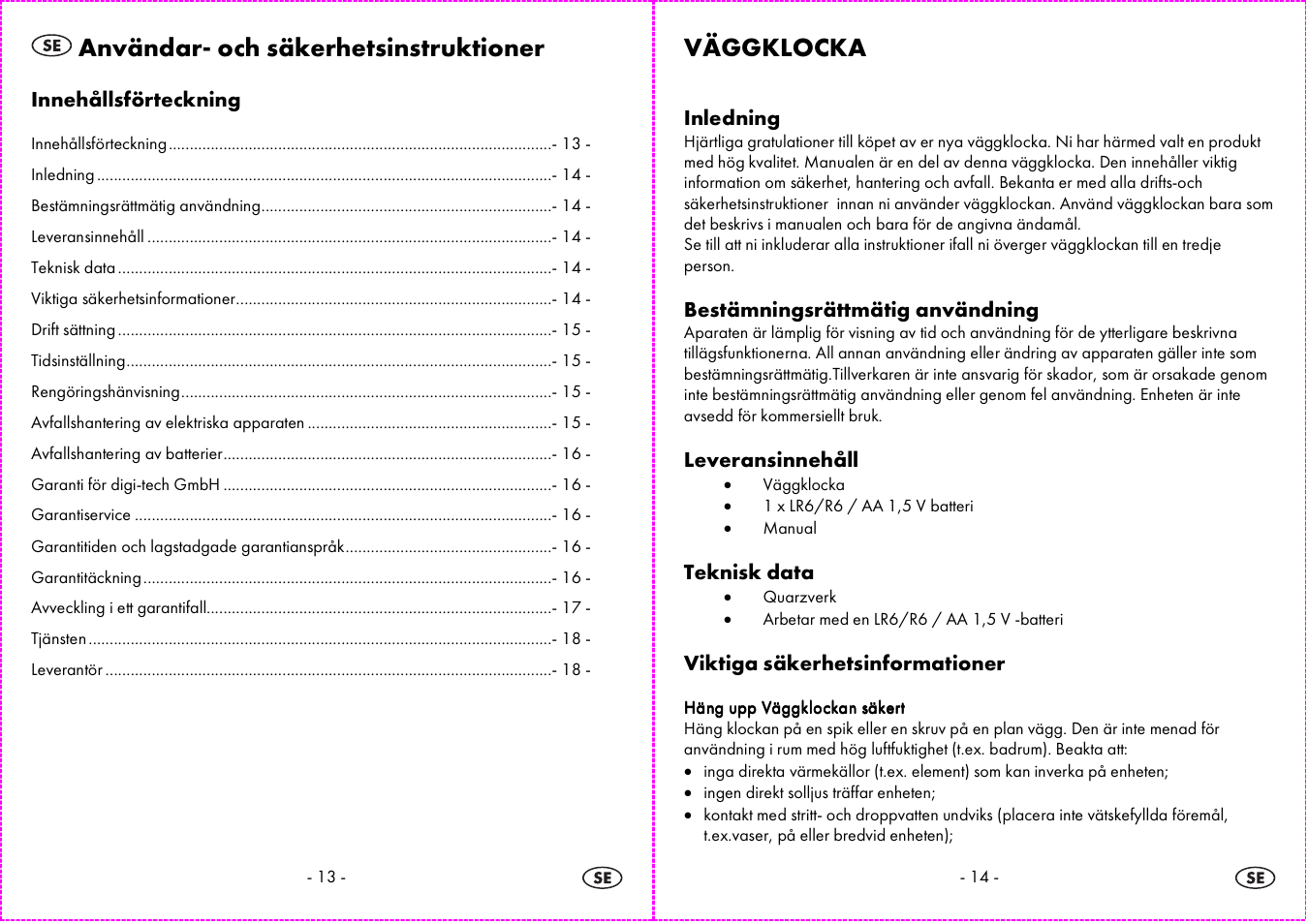 Användar- och säkerhetsinstruktioner, Väggklocka | Auriol 4-LD3584 User Manual | Page 8 / 23
