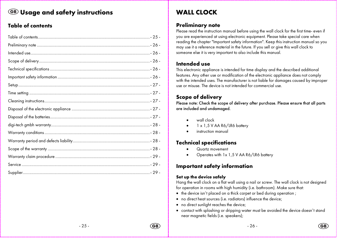 Usage and safety instructions, Wall clock | Auriol 4-LD3584 User Manual | Page 14 / 16