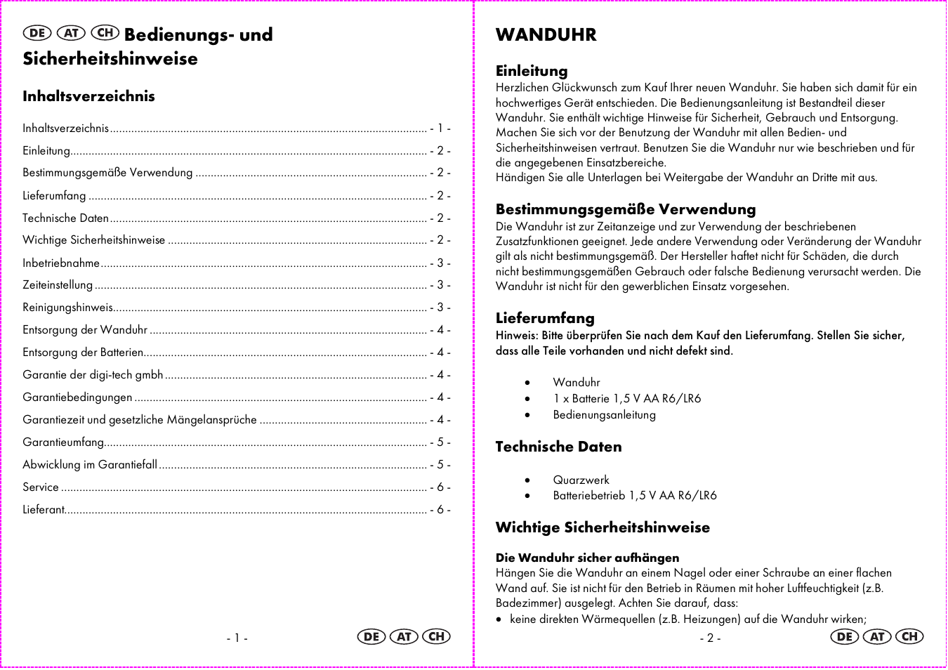 Bedienungs- und sicherheitshinweise, Wanduhr | Auriol 4-LD3584 User Manual | Page 2 / 16
