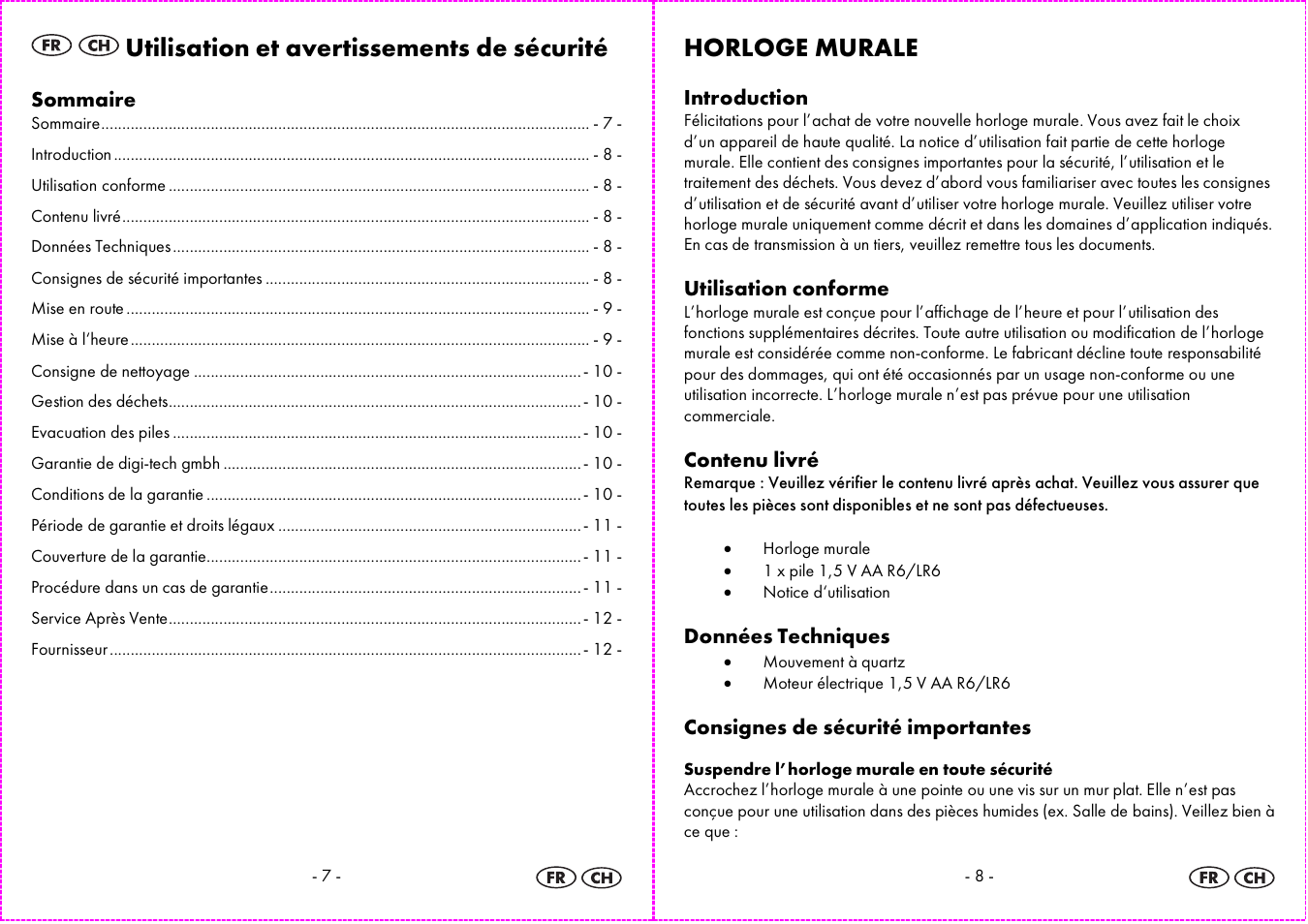 Utilisation et avertissements de sécurité, Horloge murale | Auriol 4-LD3584 User Manual | Page 5 / 16