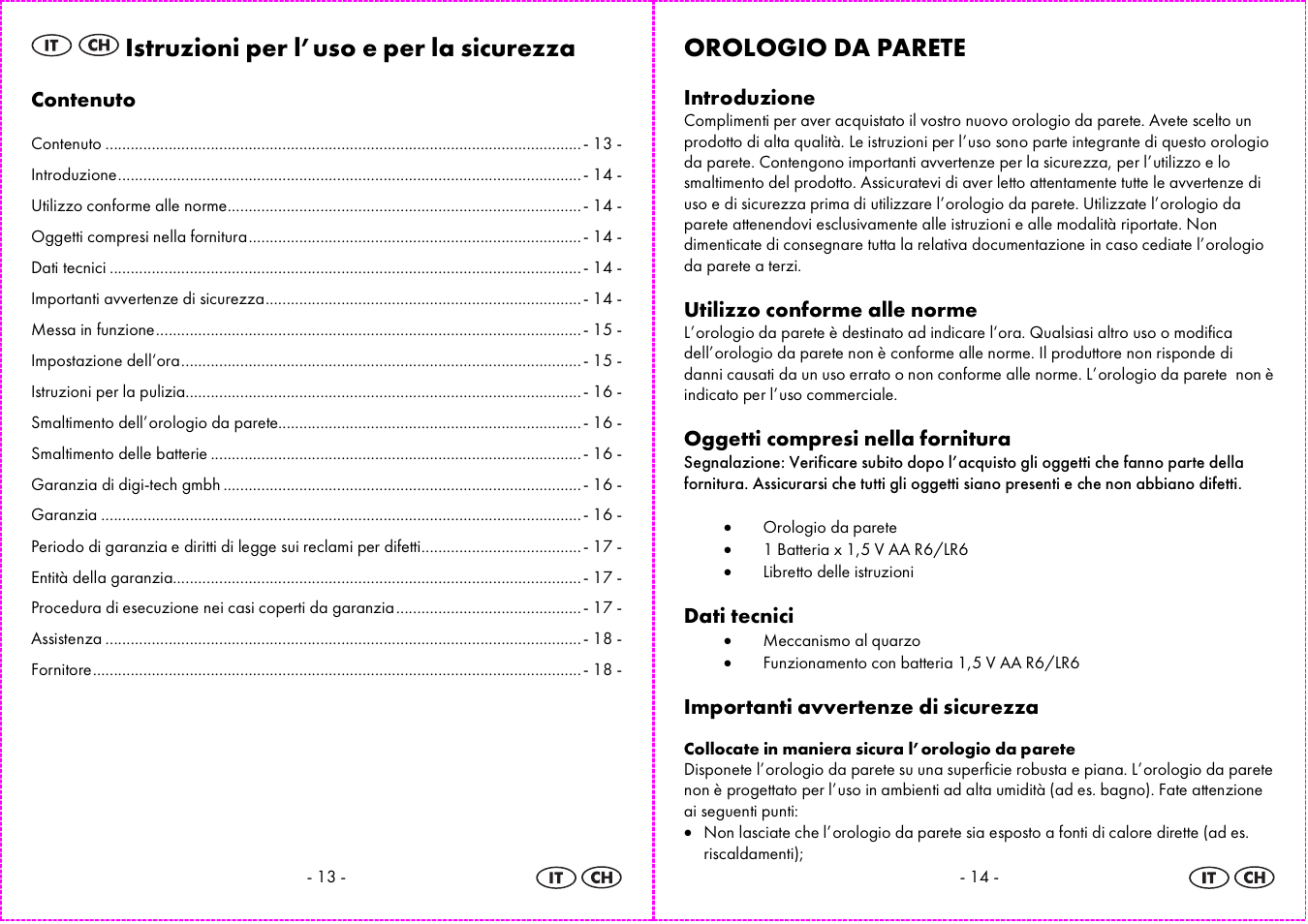 Istruzioni per l’uso e per la sicurezza, Orologio da parete | Auriol 4-LD3584 User Manual | Page 8 / 16