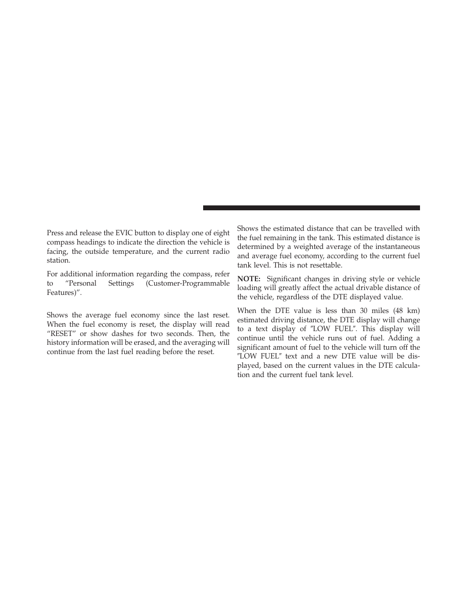 Compass/temperature/audio, Average fuel economy, Distance to empty (dte) | Dodge 2010 Caliber User Manual | Page 211 / 484