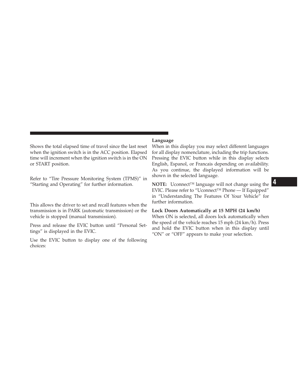 Elapsed time, Tire pressure monitor (tpm), Personal settings (customer-programmable features) | Personal settings (customer-programmable, Features) | Dodge 2010 Caliber User Manual | Page 212 / 484