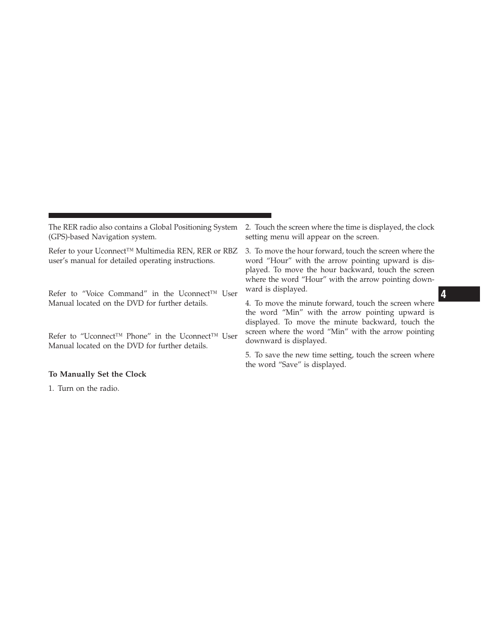 Clock setting procedure — rbz radio, Operating instructions — voice command, System — if equipped | Operating instructions — uconnect™ phone, If equipped | Dodge 2010 Caliber User Manual | Page 234 / 484