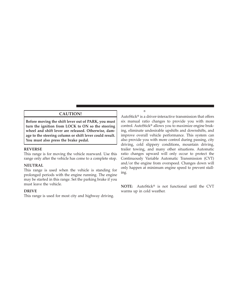 Autostick — if equipped, Operation, Autostick௡ — if equipped | Dodge 2010 Caliber User Manual | Page 303 / 484