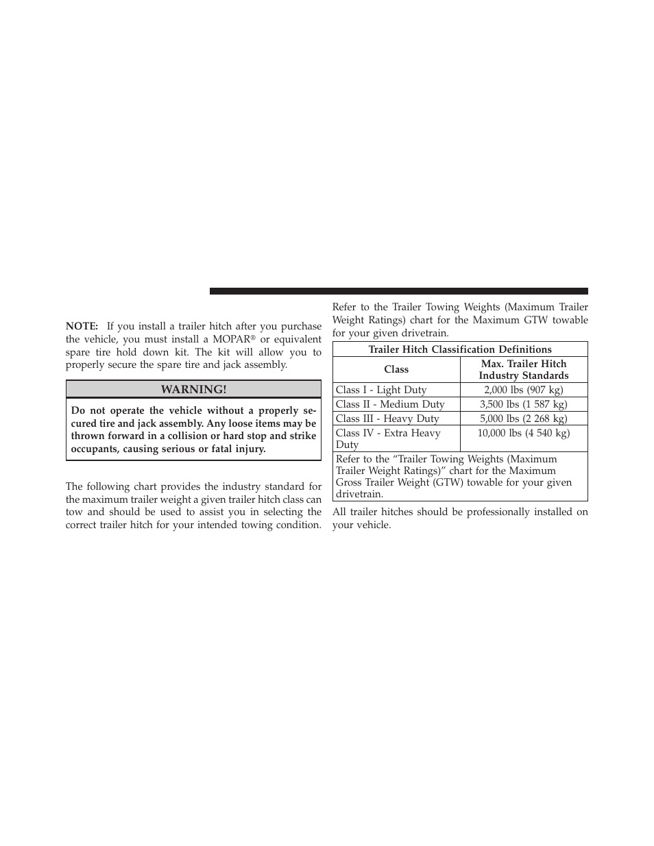 Installing a trailer hitch, Trailer hitch classification | Dodge 2010 Caliber User Manual | Page 361 / 484