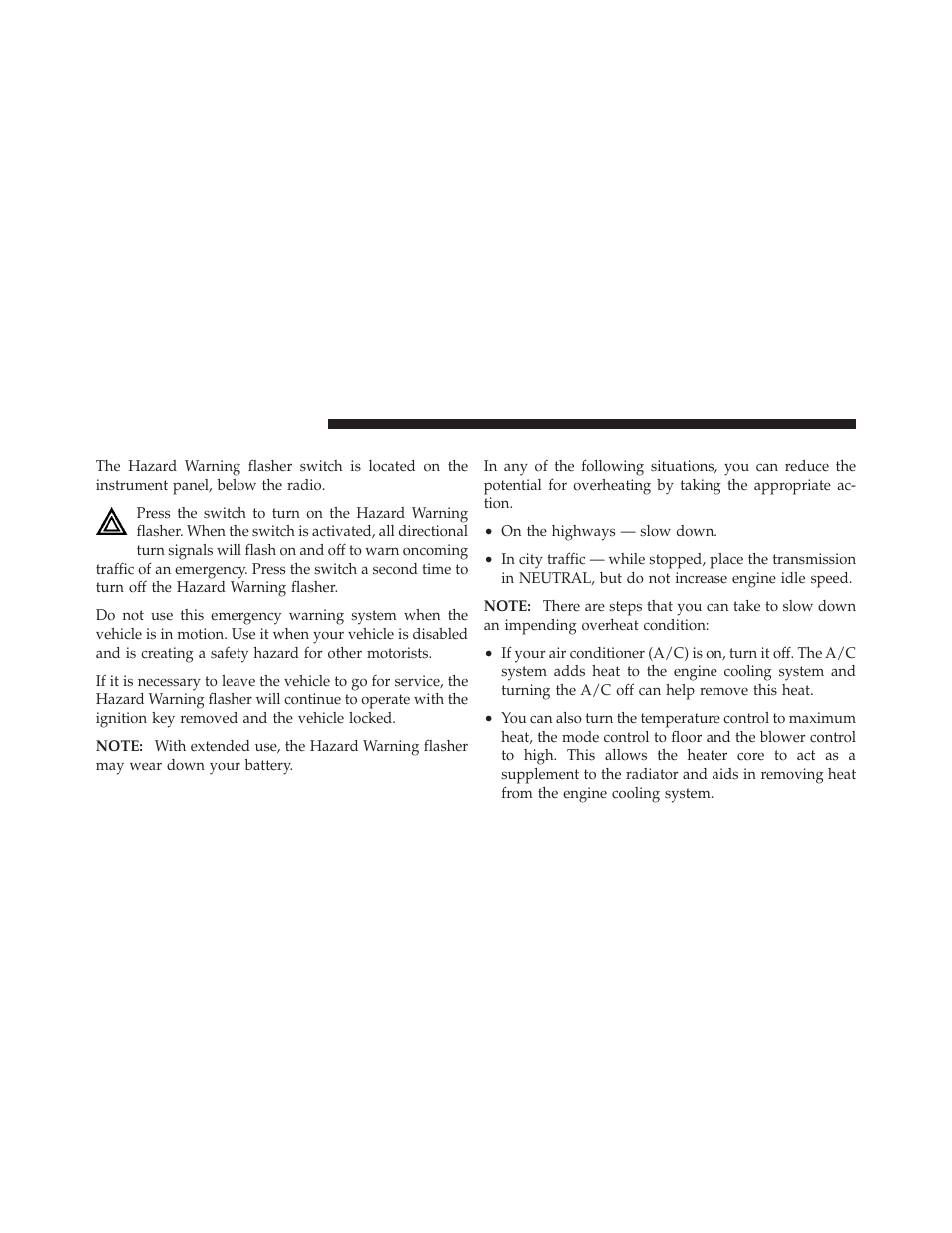 Hazard warning flasher, If your engine overheats | Dodge 2010 Caliber User Manual | Page 373 / 484