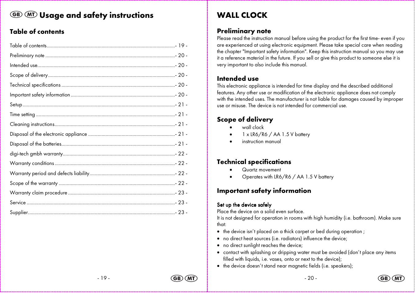 Usage and safety instructions, Wall clock | Auriol 4-LD3584 User Manual | Page 11 / 16
