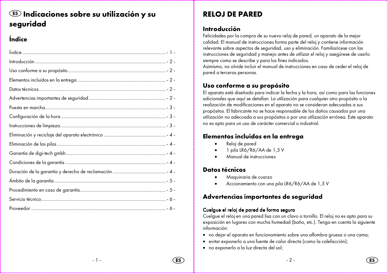 Indicaciones sobre su utilización y su seguridad, Reloj de pared | Auriol 4-LD3584 User Manual | Page 2 / 16