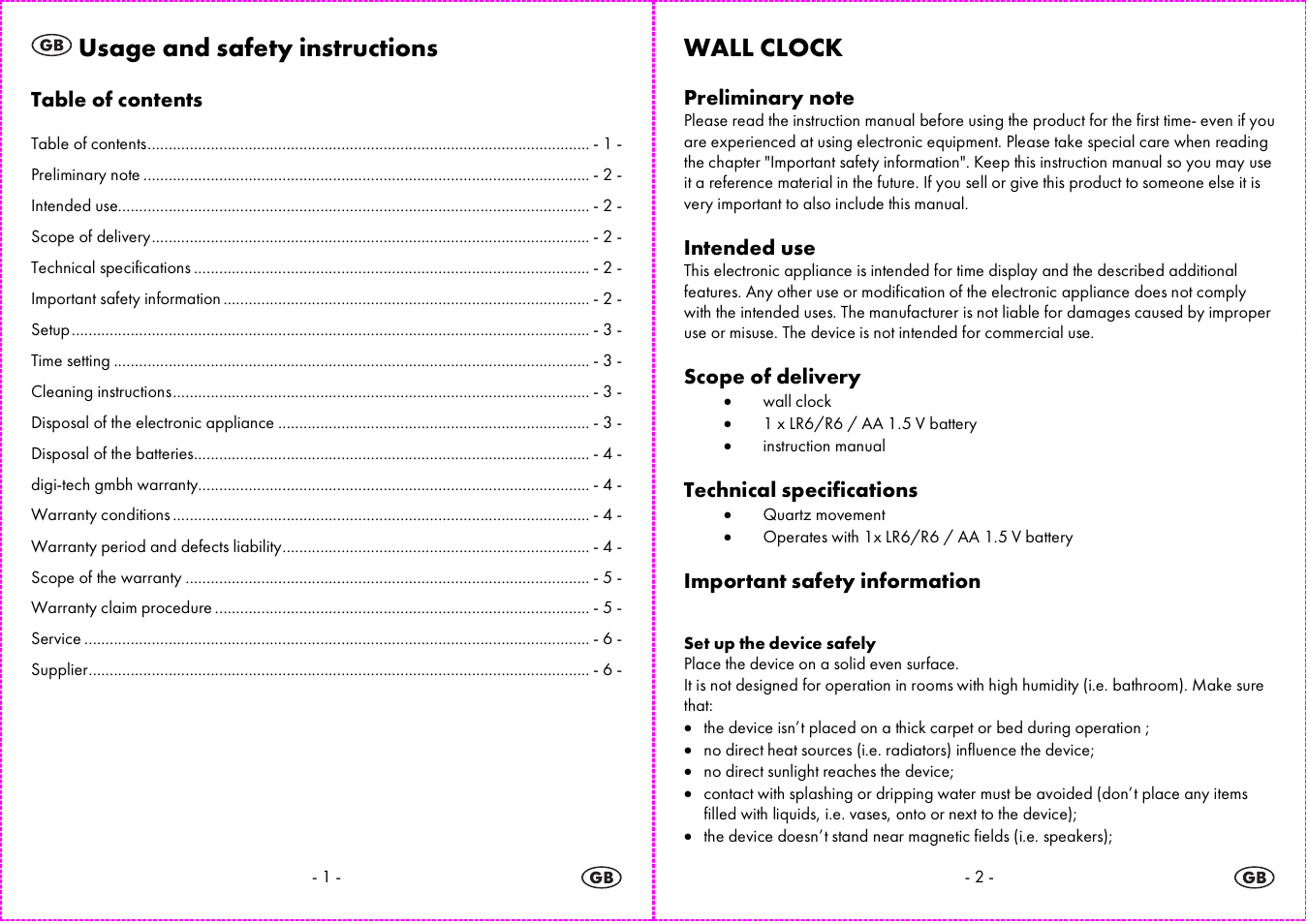 Usage and safety instructions, Wall clock | Auriol 4-LD3584 User Manual | Page 2 / 22