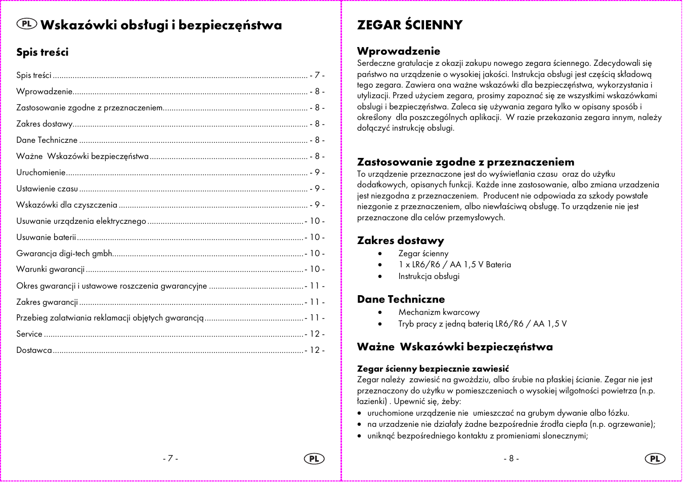 Wskazówki obsługi i bezpieczęństwa, Zegar ścienny | Auriol 4-LD3584 User Manual | Page 5 / 22