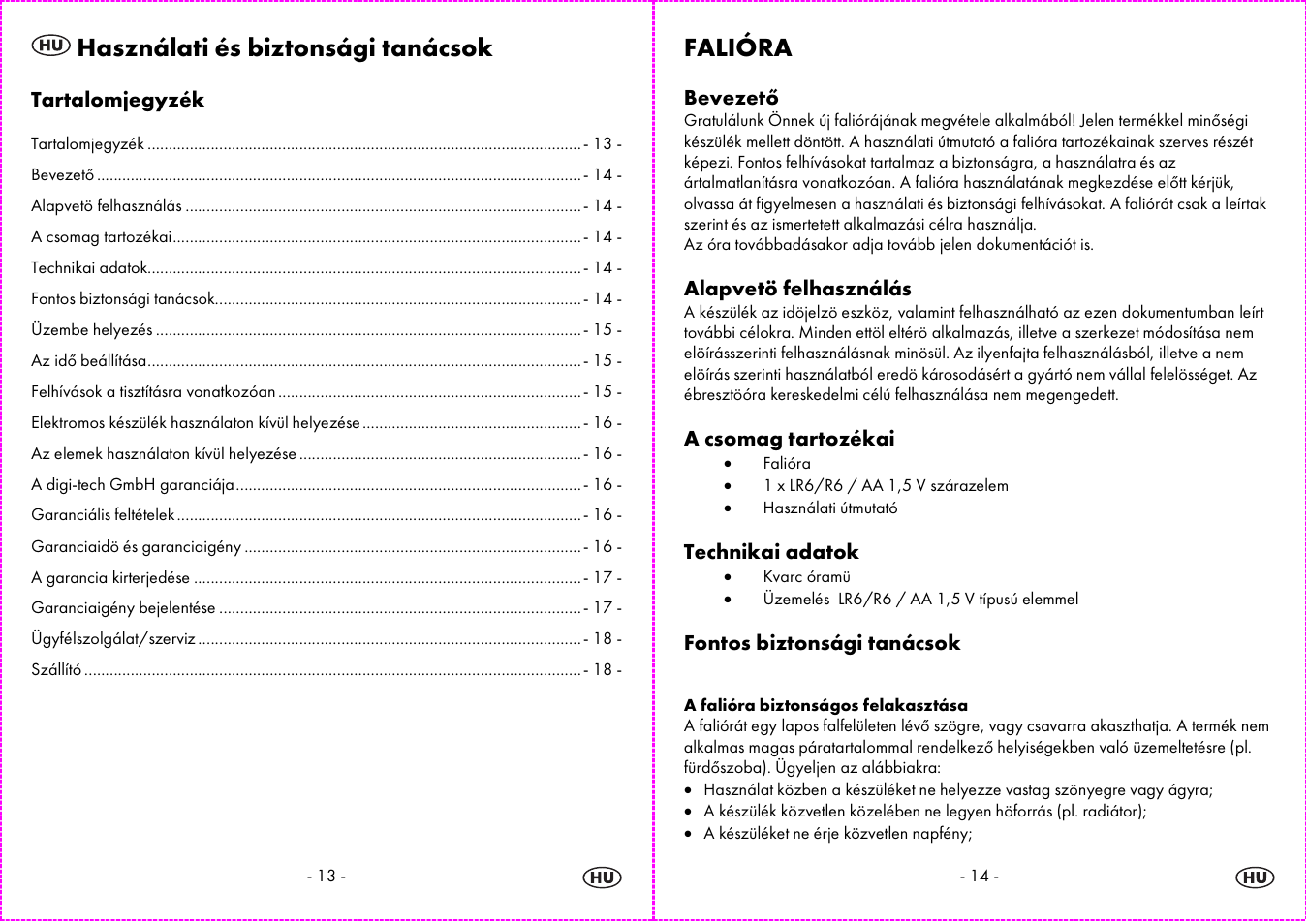 Használati és biztonsági tanácsok, Falióra | Auriol 4-LD3584 User Manual | Page 8 / 22