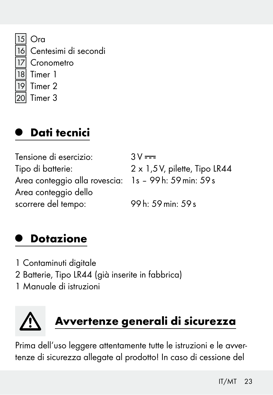 Dati tecnici, Dotazione, Avvertenze generali di sicurezza | Auriol Z31793 User Manual | Page 23 / 61