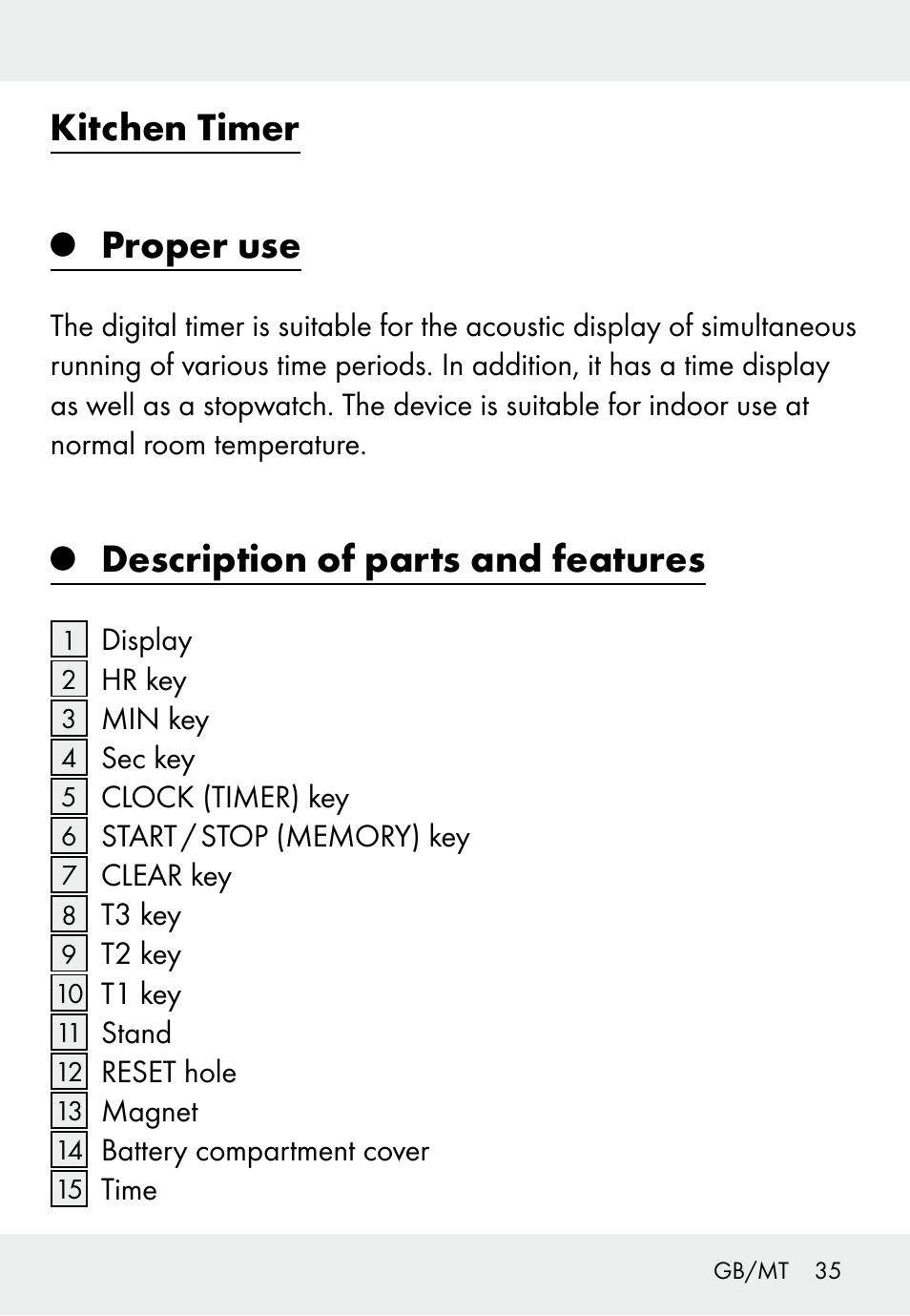 Kitchen timer, Proper use, Description of parts and features | Auriol Z31793 User Manual | Page 35 / 61