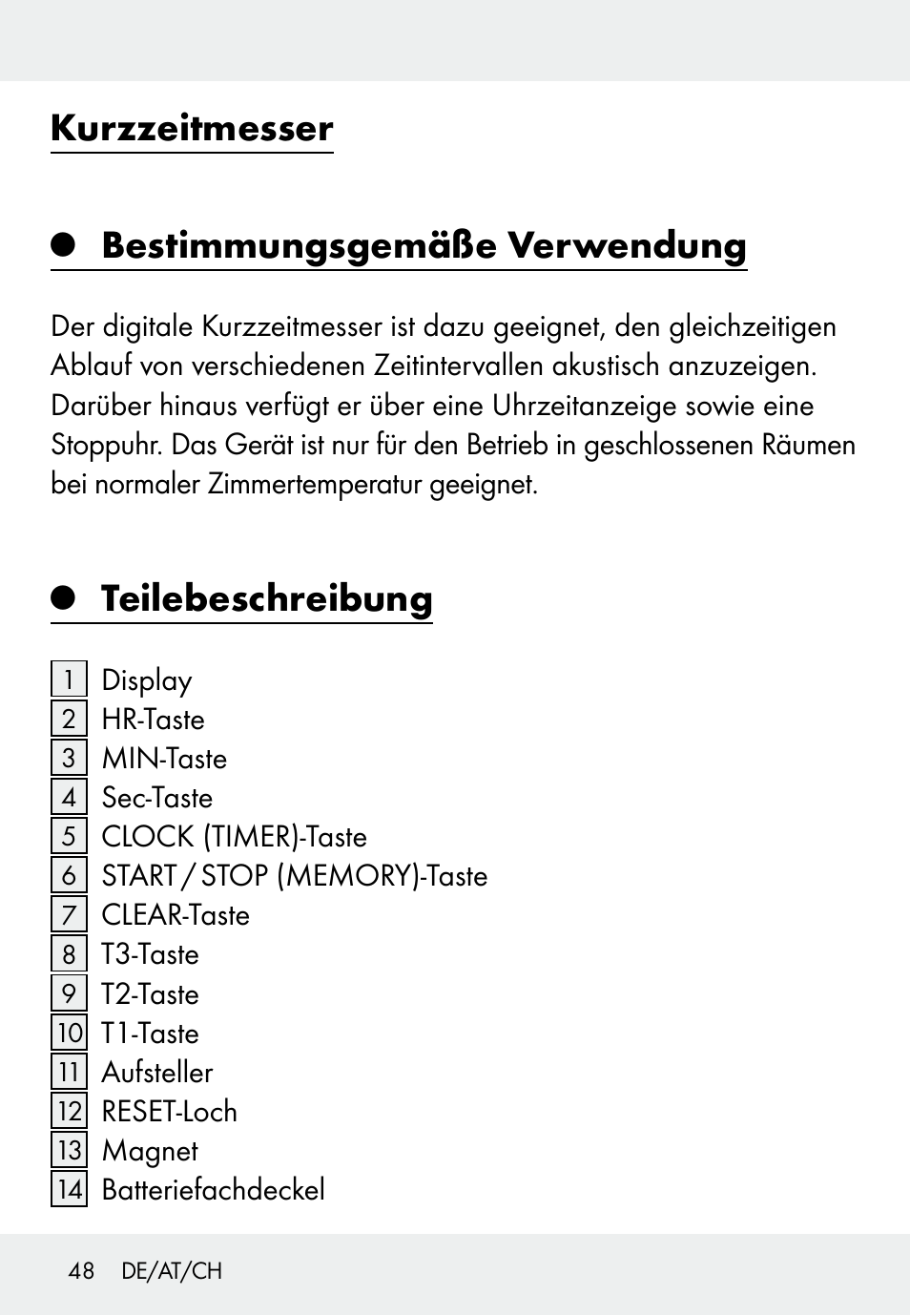 Kurzzeitmesser, Bestimmungsgemäße verwendung, Teilebeschreibung | Auriol Z31793 User Manual | Page 48 / 61