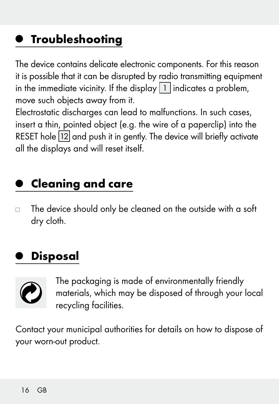 Troubleshooting, Cleaning and care, Disposal | Auriol Z31793 User Manual | Page 16 / 74