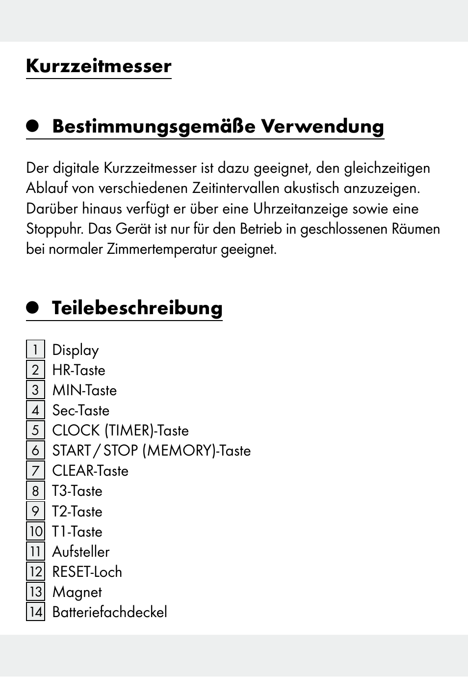 Kurzzeitmesser, Bestimmungsgemäße verwendung, Teilebeschreibung | Auriol Z31793 User Manual | Page 61 / 74