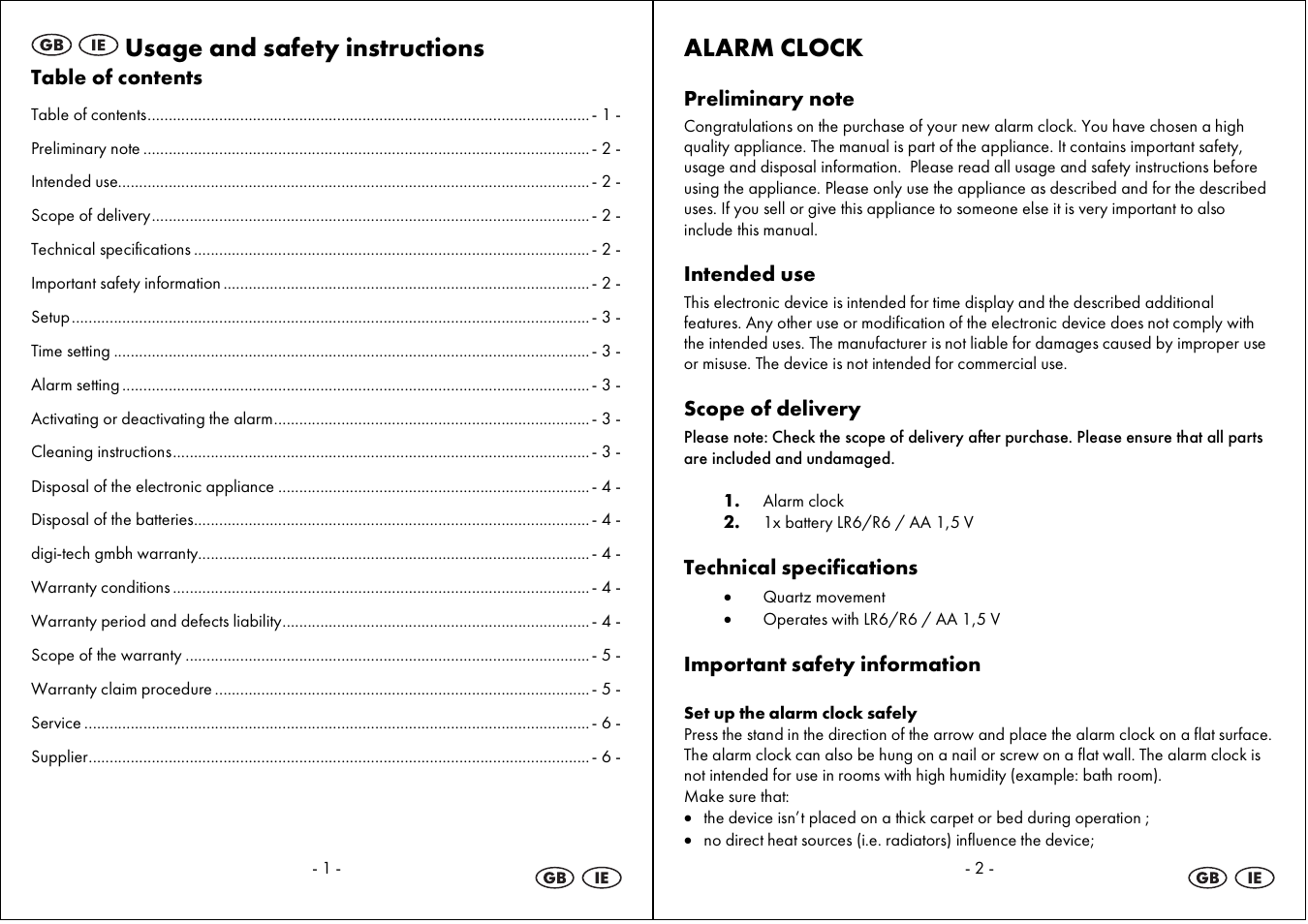 Usage and safety instructions, Alarm clock | Auriol 4-LD3594 User Manual | Page 2 / 23
