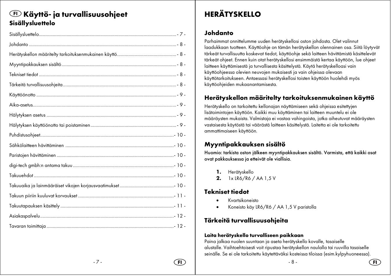 Käyttö- ja turvallisuusohjeet, Herätyskello | Auriol 4-LD3594 User Manual | Page 5 / 23