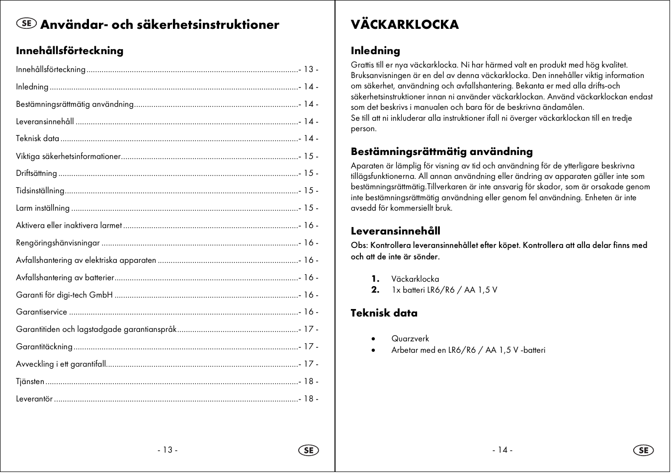 Användar- och säkerhetsinstruktioner, Väckarklocka | Auriol 4-LD3594 User Manual | Page 8 / 23