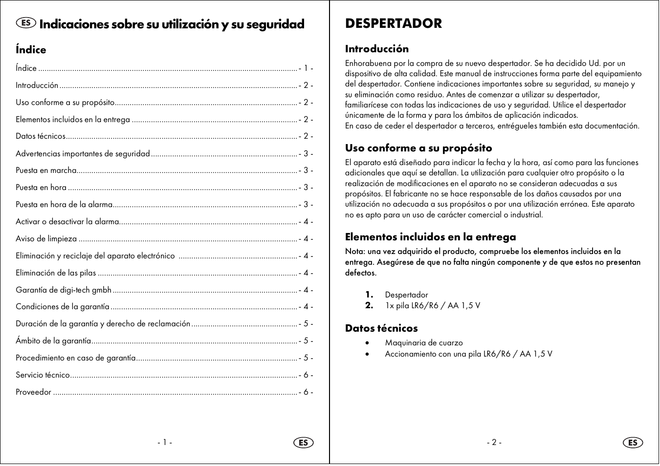 Indicaciones sobre su utilización y su seguridad, Despertador | Auriol 4-LD3594 User Manual | Page 2 / 16