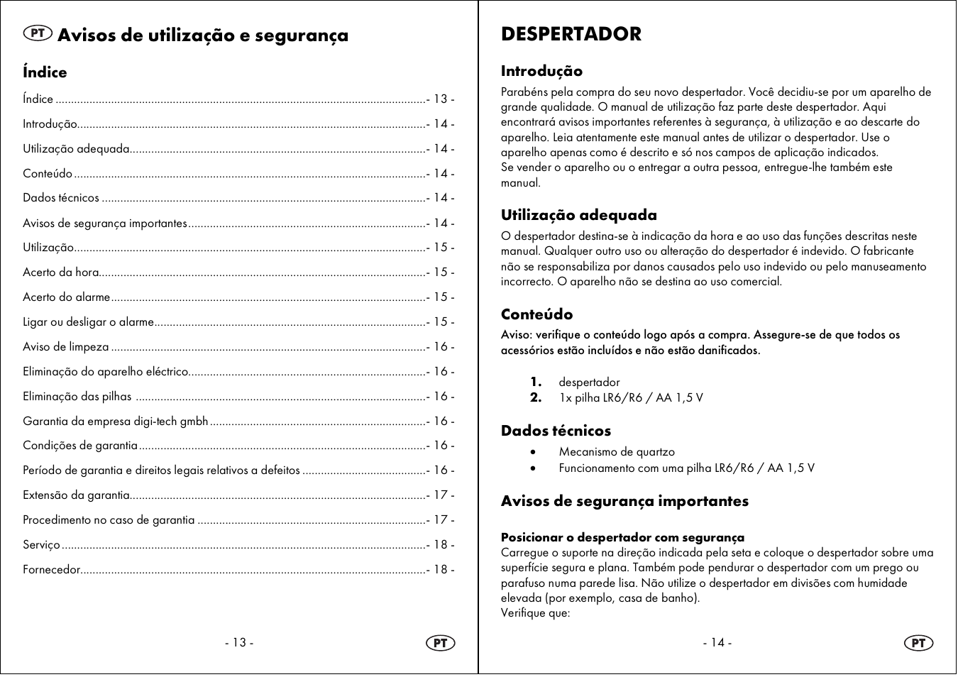 Avisos de utilização e segurança, Despertador | Auriol 4-LD3594 User Manual | Page 8 / 16