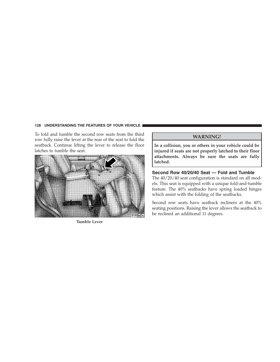 Second row 40/20/40 seat - fold and tumble | Dodge 2009 Durango User Manual | Page 130 / 498