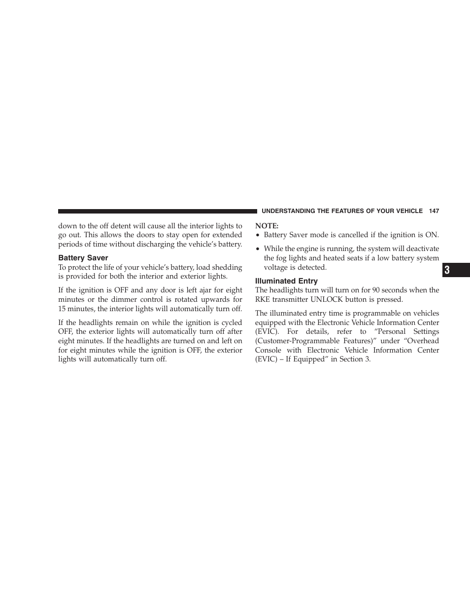 Battery saver, Illuminated entry | Dodge 2009 Durango User Manual | Page 149 / 498
