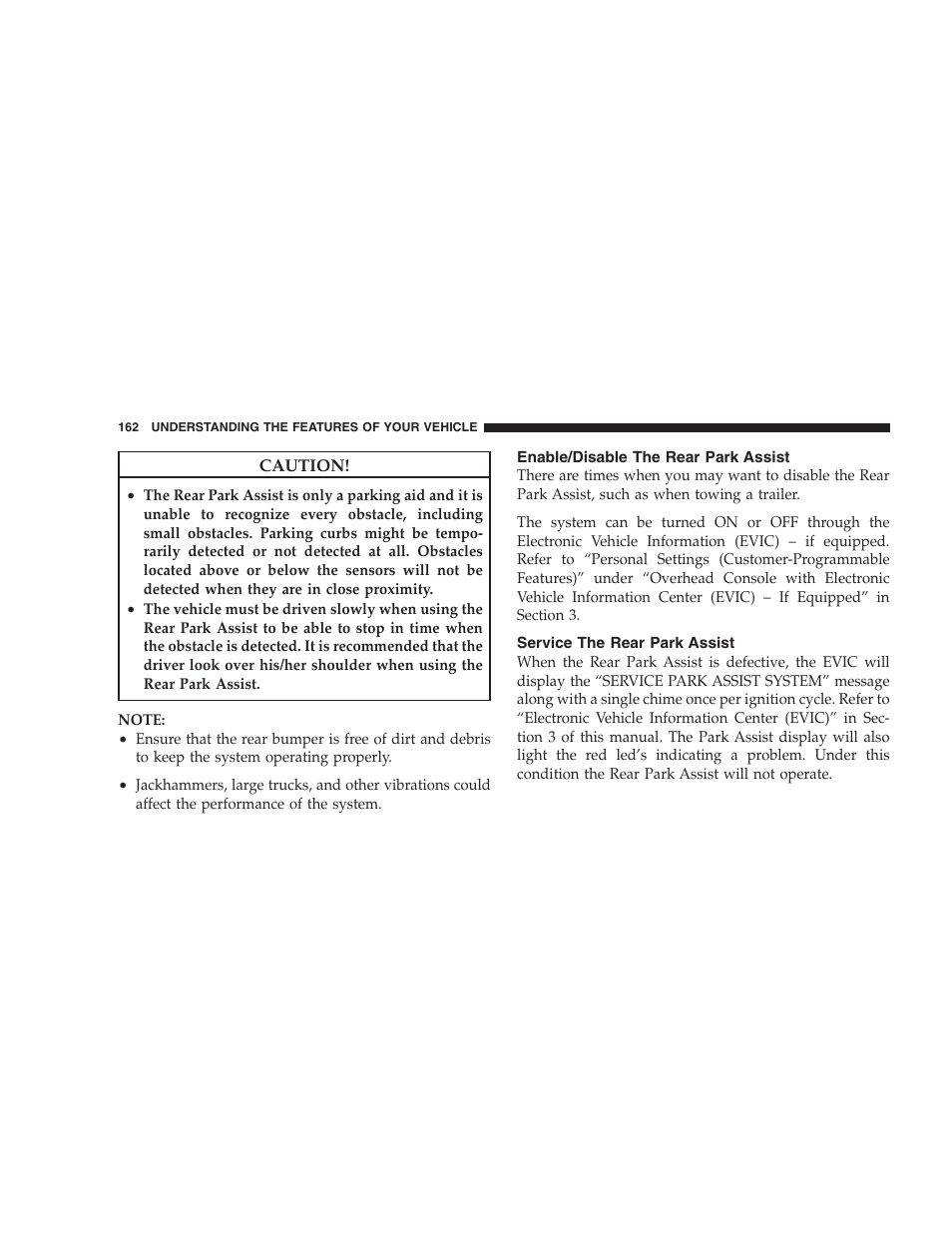 Enable/disable the rear park assist, Service the rear park assist | Dodge 2009 Durango User Manual | Page 164 / 498