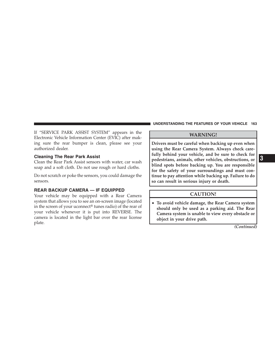 Cleaning the rear park assist, Rear backup camera - if equipped | Dodge 2009 Durango User Manual | Page 165 / 498