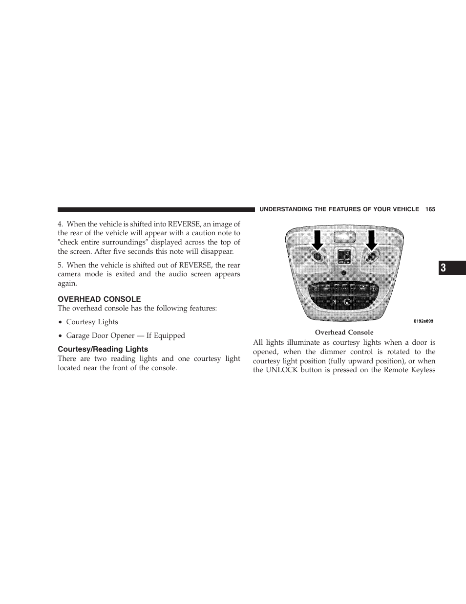 Overhead console, Courtesy/reading lights | Dodge 2009 Durango User Manual | Page 167 / 498