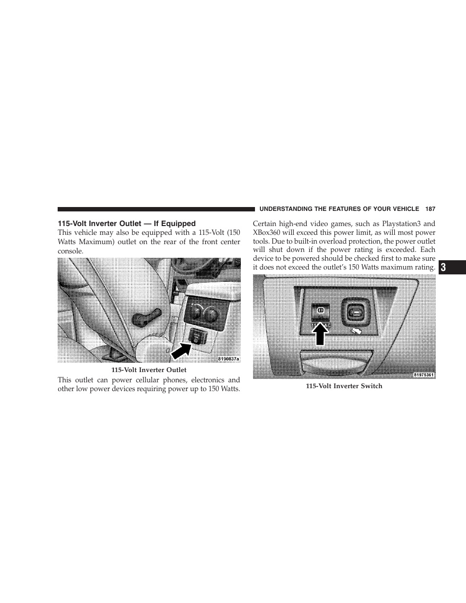 Volt inverter outlet - if equipped | Dodge 2009 Durango User Manual | Page 189 / 498