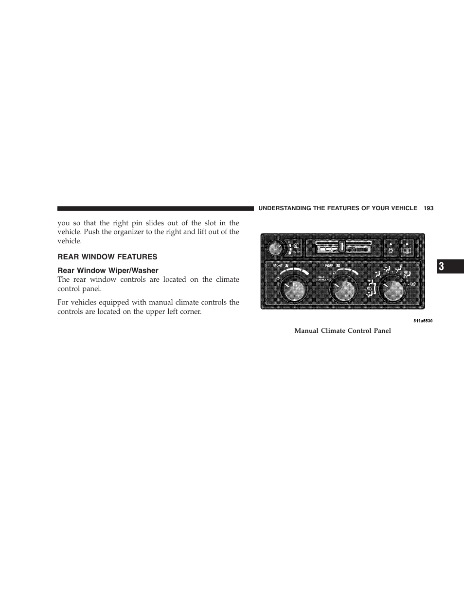 Rear window features, Rear window wiper/washer | Dodge 2009 Durango User Manual | Page 195 / 498