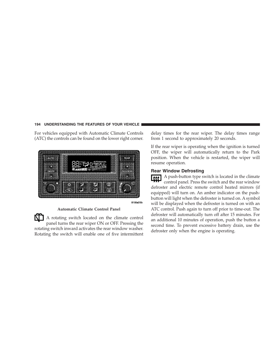 Rear window defrosting | Dodge 2009 Durango User Manual | Page 196 / 498