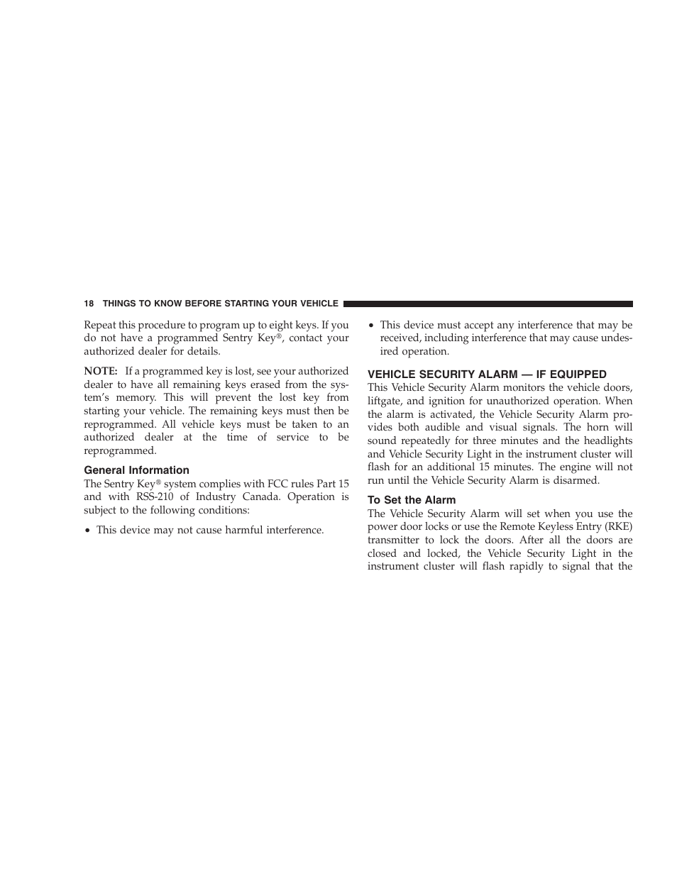 General information, Vehicle security alarm - if equipped, To set the alarm | Dodge 2009 Durango User Manual | Page 20 / 498